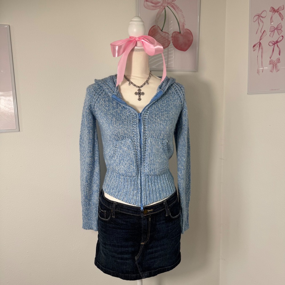 Venus Vtg Y2K Heathered Blue White Knit Double‎ Zip Hooded Sweater Womens M